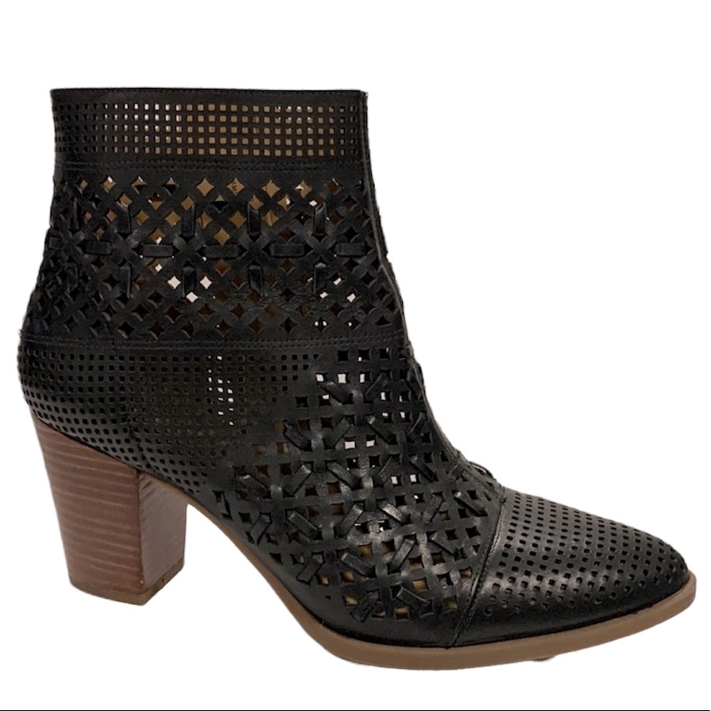 Franco Sarto Black Perforated Laser-Cut Ankle Booties with Brown Heel